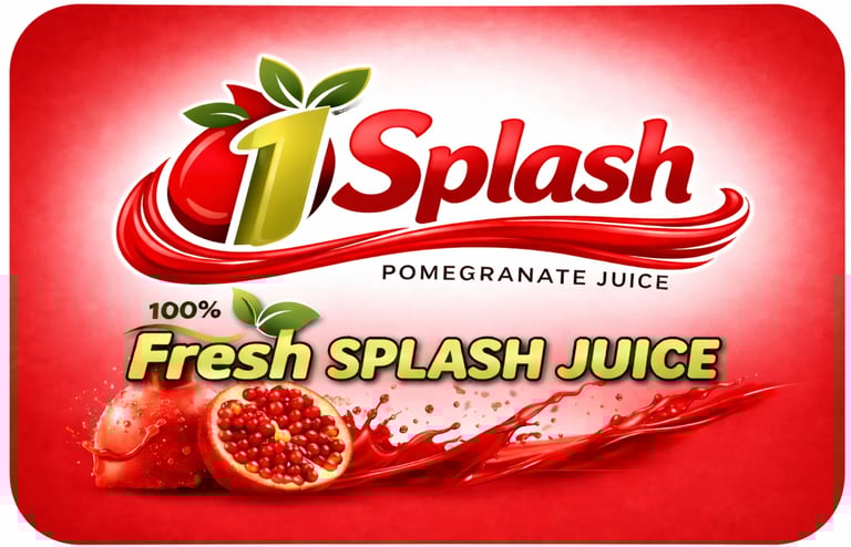 Splash pomegranate juice brand logo featuring red pomegranate and splashing juice on vibrant red background